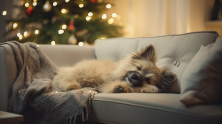 Pomeranian dog sleeping on sofa in living room with Christmas treeの素材