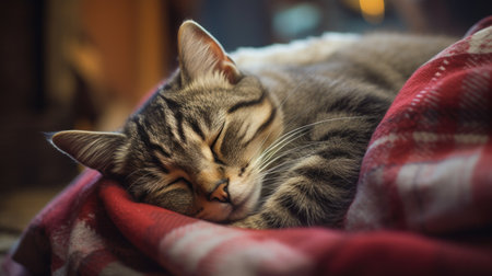 Cute cat sleeping on a blanket in a cozy room. Selective focus.の素材