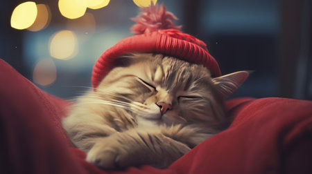 Beautiful siberian cat in red christmas hat sleeping on sofa at homeの素材
