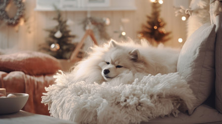 Cute Pomeranian dog is lying on the couch in the room decorated for Christmas.の素材
