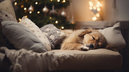 Cute dog sleeping on sofa in room with Christmas tree and lightsの素材