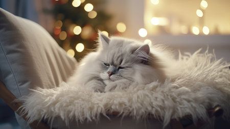 Cute cat lying on sofa in room decorated for Christmas, closeupの素材