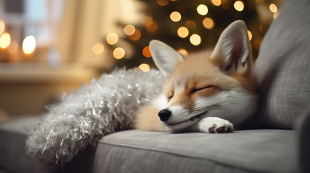 Cute fox sleeping on sofa at home, closeup. Christmas celebrationの素材