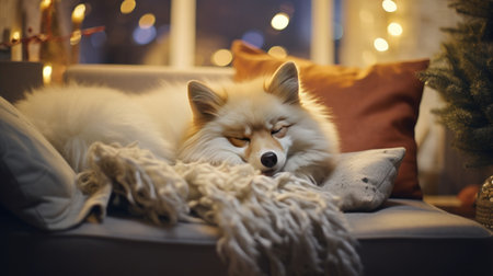 Cute fox sleeping on sofa in room decorated for Christmas, closeupの素材