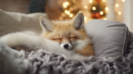 Cute fox sleeping on sofa in room decorated for Christmas, closeupの素材
