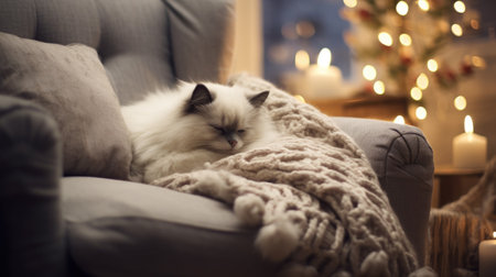 Beautiful cat on sofa in room decorated for Christmas, closeupの素材