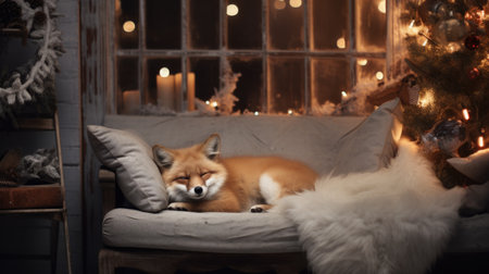 Cute fox lies on a sofa with a Christmas tree in the backgroundの素材