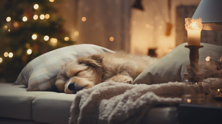 Cute dog sleeping on sofa at home in front of christmas treeの素材