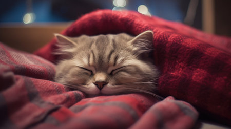 Siberian cat sleeps under a red plaid at home.の素材
