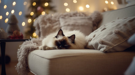 Cute cat lying on sofa in room with Christmas tree and lightsの素材