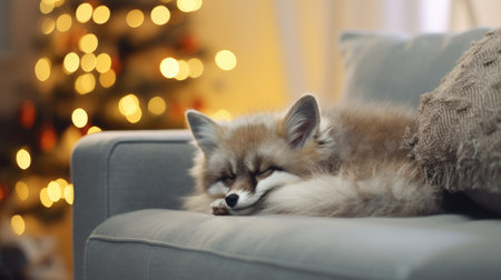Cute fox sleeping on sofa in room decorated for Christmas, closeupの素材