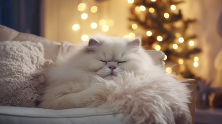 Cute cat with closed eyes on sofa in room decorated for Christmasの素材