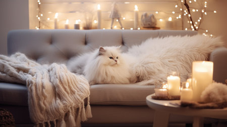 Cute persian cat on sofa in living room at Christmas timeの素材