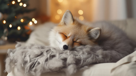 Cute foxy dog sleeping on pillow in room decorated for Christmasの素材