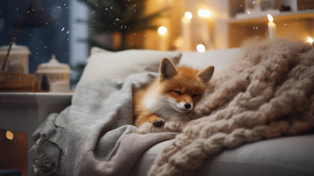 Cute red fox lies on the sofa in the room with Christmas decorations.の素材