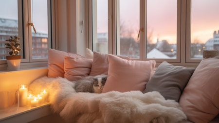 Cozy home interior with cat and candles on windowsill at sunsetの素材