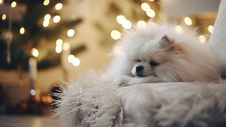 Cute Pomeranian dog on sofa in room decorated for Christmasの素材