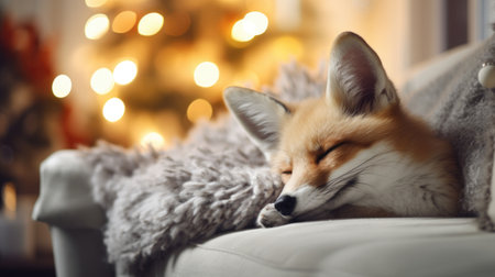 Cute fox sleeping on sofa in room decorated for Christmas, closeupの素材