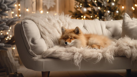 Cute little fox sleeping in basket near Christmas tree on blurred backgroundの素材