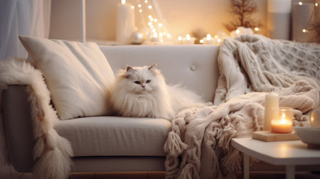 Cute persian cat on sofa in room decorated with Christmas lightsの素材