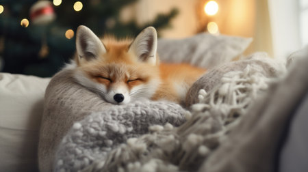 Cute fox sleeping on sofa in room decorated for Christmas, closeupの素材