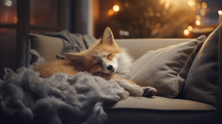Cute fluffy fox lying on sofa in room with Christmas lightsの素材