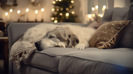 Beautiful dog sleeping on sofa in room decorated for Christmasの素材