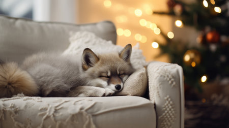 Cute fluffy fox lying on sofa in room with Christmas lightsの素材