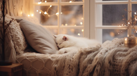 Cute cat sleeping on sofa in cozy room with garland lightsの素材
