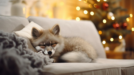 Cute little fox sleeping on sofa in room with Christmas tree on backgroundの素材