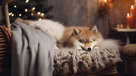 Cute little fox sleeping on sofa in room with Christmas tree on backgroundの素材