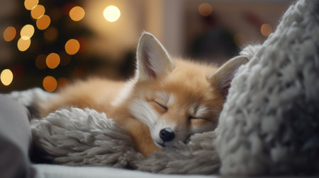 Cute little fox sleeping on sofa in room with Christmas tree on backgroundの素材