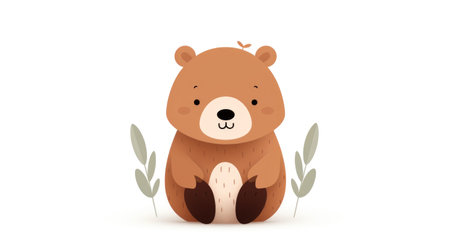Cute cartoon brown bear sitting on the ground.の素材