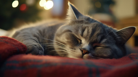 Cute cat sleeping on sofa at home, closeup. Christmas timeの素材