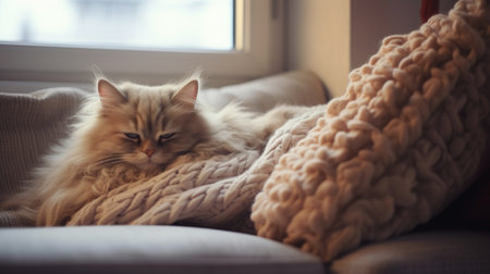 Siberian cat is lying on a sofa with a knitted plaidの素材