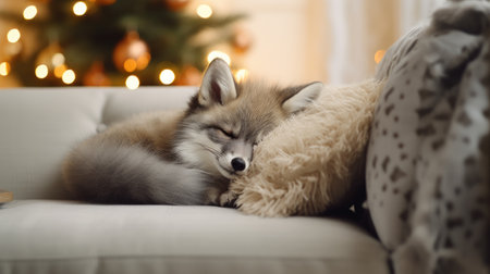 Cute little fox sleeping on sofa in room with Christmas tree and lightsの素材