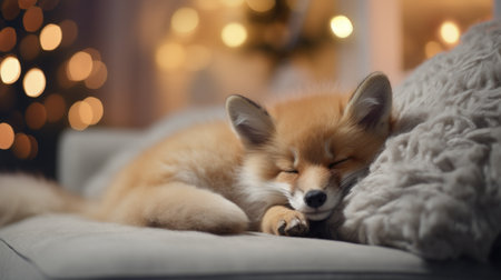 Cute fox lying on sofa in room with Christmas tree and lightsの素材