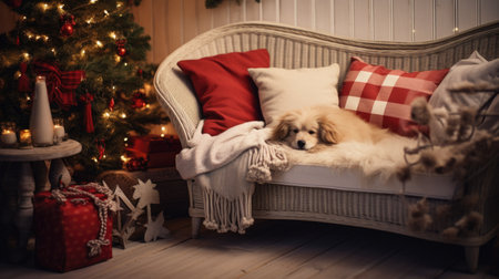 Cute puppy sleeping on sofa with Christmas tree in backgroundの素材
