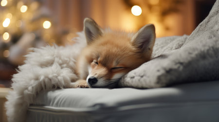 Cute little fox sleeping on sofa in room with Christmas tree and lightsの素材