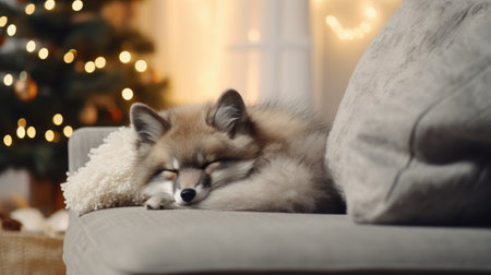Cute little fox sleeping on sofa in room with Christmas tree on backgroundの素材