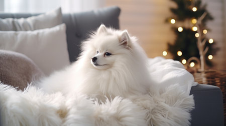 Cute Pomeranian dog on sofa in room decorated for Christmasの素材