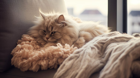 Cute cat lying on sofa at home. Fluffy pet with soft blanket.の素材