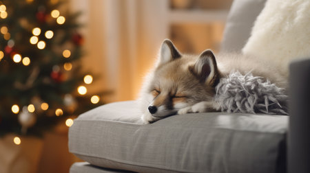 Cute Akita inu puppy sleeping on sofa in room decorated for Christmasの素材