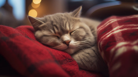 Cute cat sleeping on a red plaid, close-upの素材