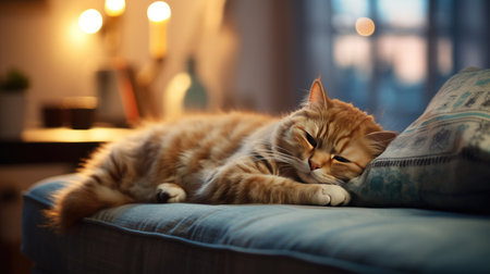 Cute ginger cat lying on sofa at home. Fluffy petの素材