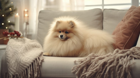Cute Pomeranian dog on sofa in room. Pet careの素材