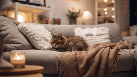 Cute cat sleeping on sofa in living room at home. Cozy atmosphereの素材