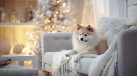 Cute Akita inu dog on sofa in room decorated for Christmasの素材
