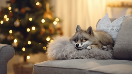 Cute little fox sleeping on sofa in room with Christmas tree and lightsの素材
