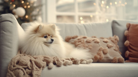 Cute Pomeranian dog on sofa in room decorated for Christmasの素材